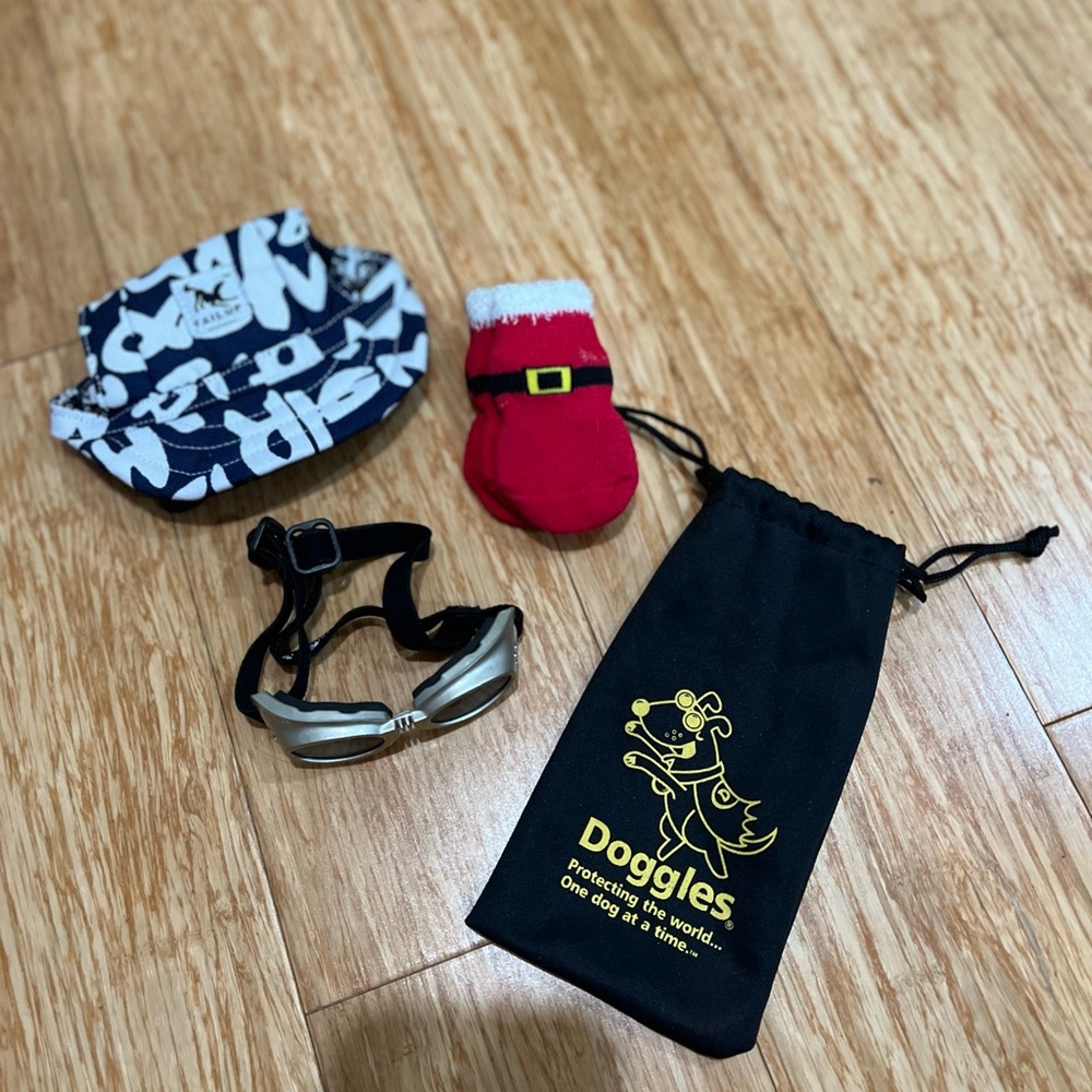 Small dog sun glasses socks and cap